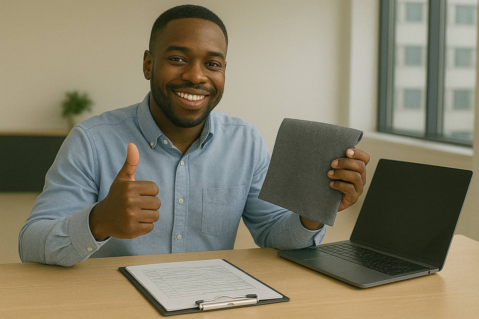 um homem preto aprovando o tecido e orçamento